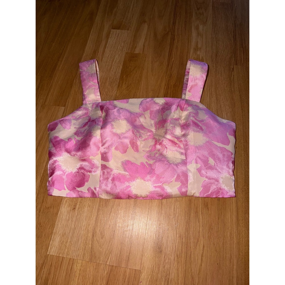 TCEC Women Pink Floral Jacquard Crop Top Square Neck Zip Back Size L